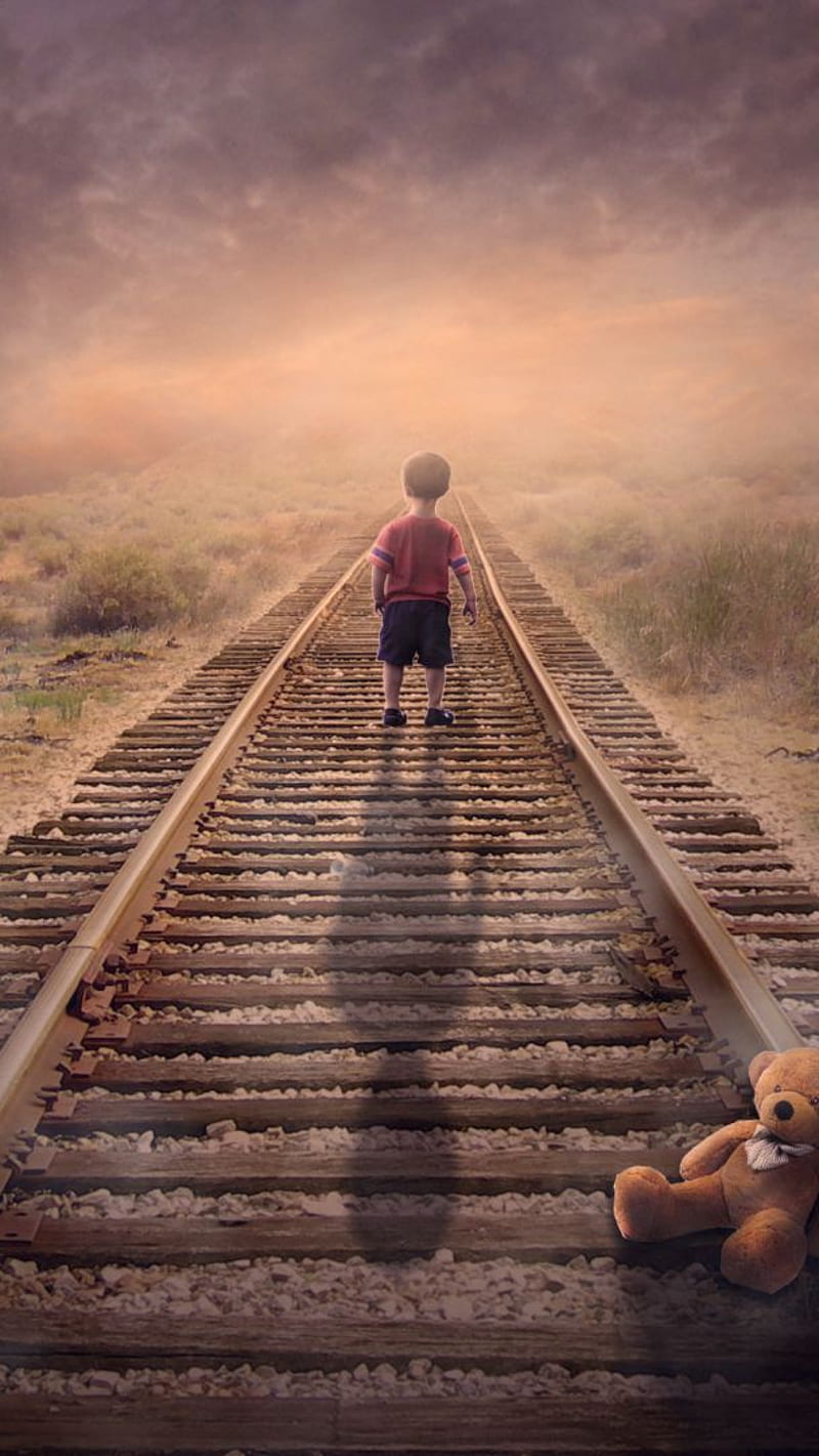 Fantasy Child , rail track, teddy bear, HD phone wallpaper
