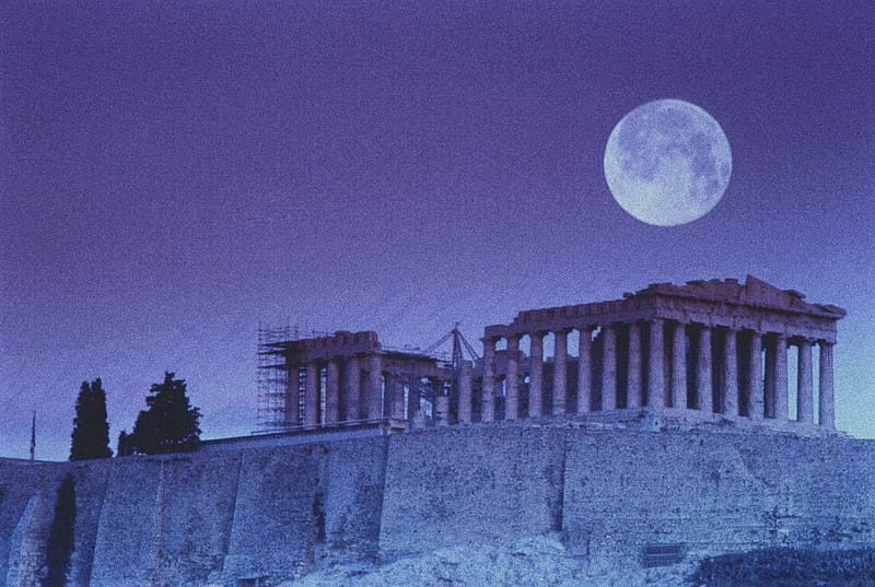 Temple of Athena, greek, greek mythology, moon, HD wallpaper