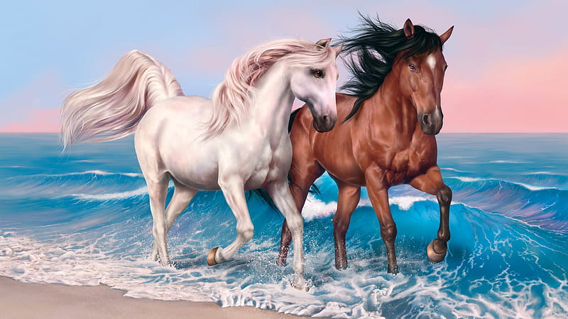 Art Of White And Brown Horses On Seashore Horse, HD wallpaper