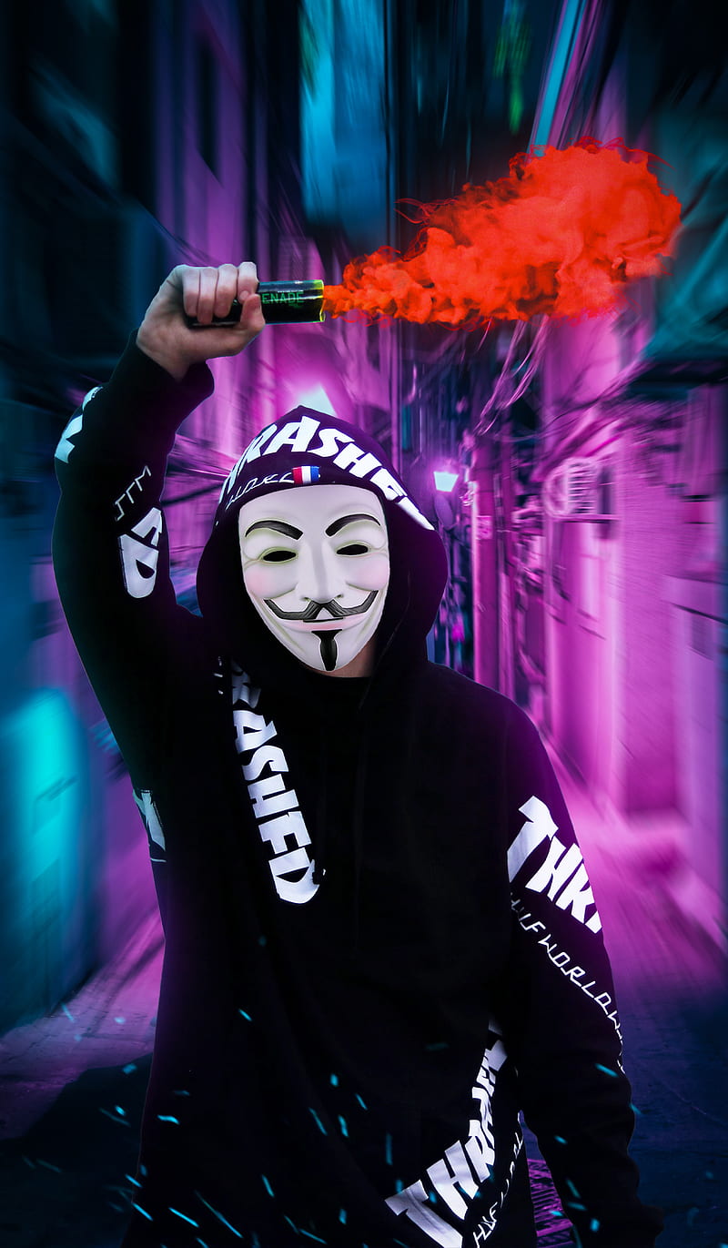 Anonymous Masked Man, Anonymous, city, fire, man, mask, nice, night, orange, spark, street, HD phone wallpaper