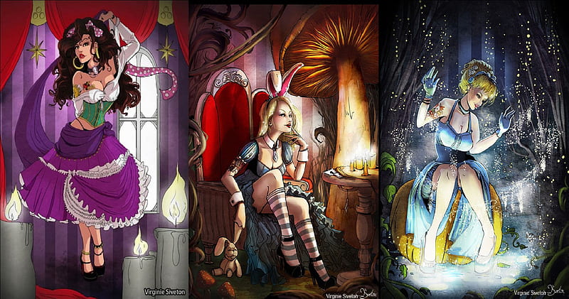 Pin Up Princess 3, Cinderella, Alice, Esmeralda, Pin up, Art, HD wallpaper