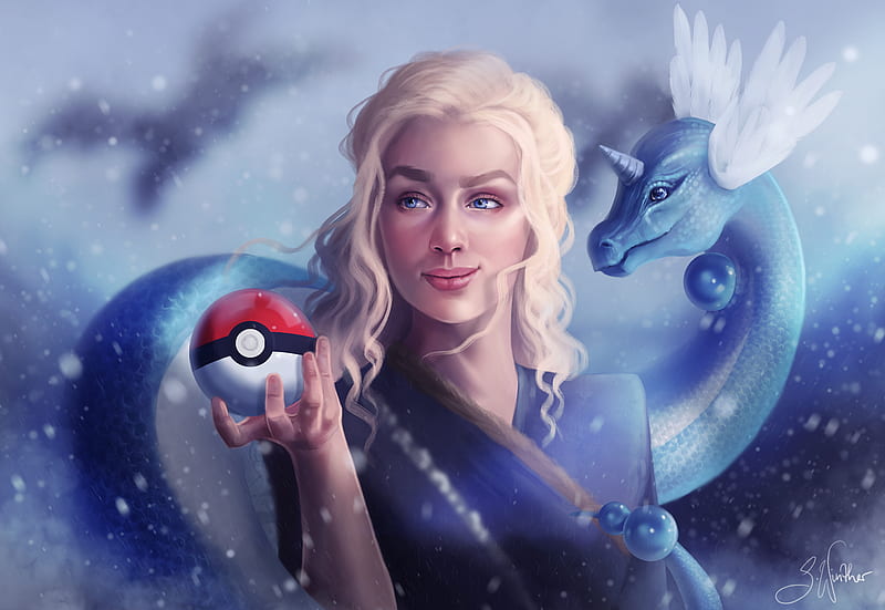Dragons Daenerys With Pokeball, daenerys-targaryen, pokeball, artist, artwork, digital-art, game-of-thrones, HD wallpaper