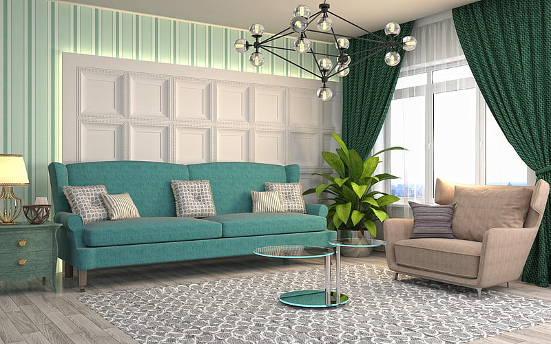 living room, classic interior design style, green living room, classic style living room project, green retro sofa, HD wallpaper