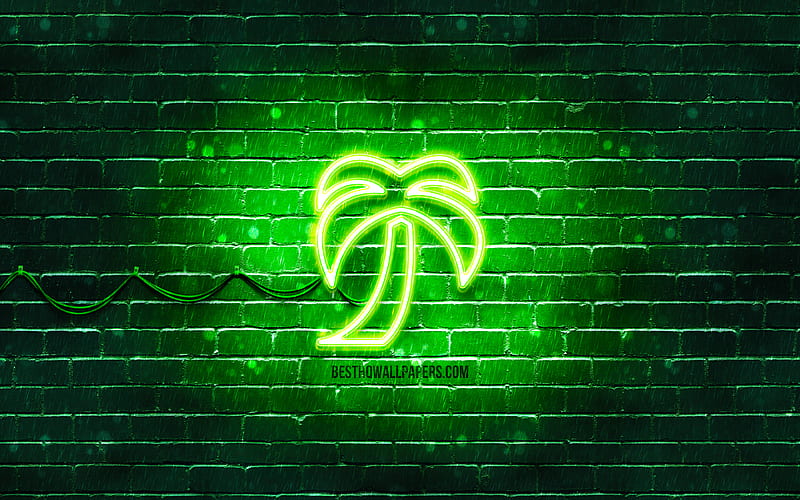Palm neon icon green background, neon symbols, Palm, creative, neon icons, Palm sign, ecology signs, Palm icon, ecology icons, Palm tree, HD wallpaper