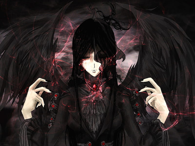 Mysterious Angel, fantasy anime, anime angel, black wings, amine, black hair, HD wallpaper