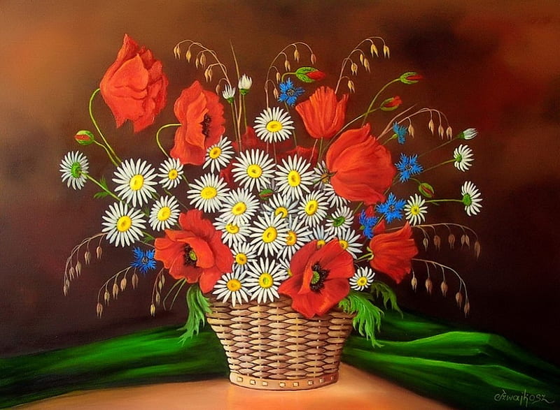 Basket of wild flowers, pretty, colorful, art, lovely, poppies, vase, bonito, daisies, still life, nice, bouquet, basket, wildflowers, painting, flowers, harmony, HD wallpaper