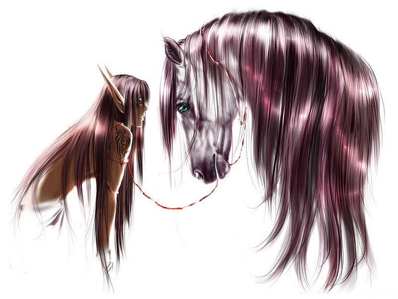 elf and horse, hair, fantasy, 3d, girl, elf, horse, abstract, HD wallpaper