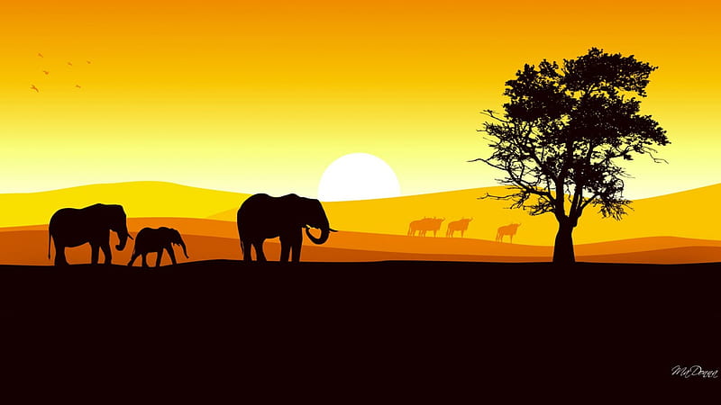 Elephant Walk, elephants, Afraica, wildabeests, gnu, yellow, sunset, sky, tree, gold, cattle, wild, bright, wildebeest, HD wallpaper