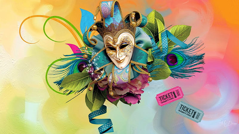 Face of Mardi Gras, colorful, tickets, ribbon, bows, Lenten, bright, Carnival, flowers, Fat Tuesday, mask, feathers, HD wallpaper