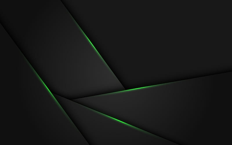 black stylish background, green neon lines, green light effects, abstract black background, HD wallpaper
