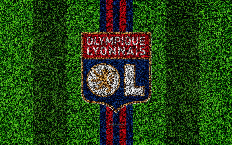 Olympique Lyonnais football lawn, logo, French football club, grass texture, emblem, red blue lines, Ligue 1, Lyon, France, football, Lyon FC, HD wallpaper