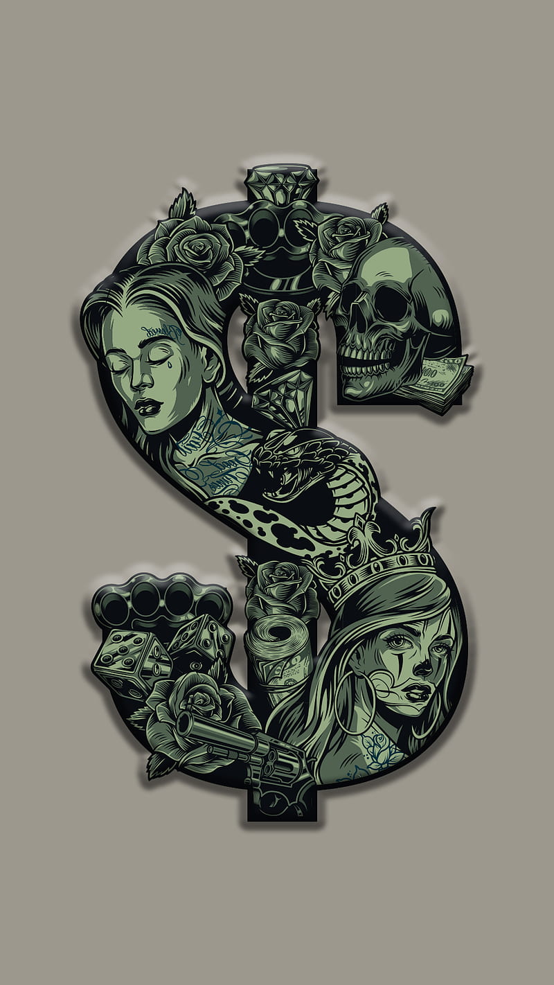 dollar, 3d, america, art, cash, color, girl, green, money, skull, HD phone wallpaper