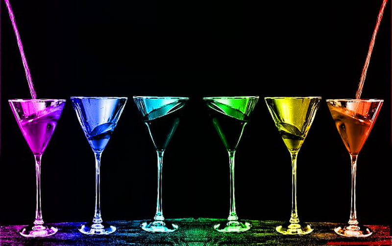Refreshing color, red, drinks, glasses, colors, yellow, cocktail glasses, green, aqua, pink, blue, HD wallpaper