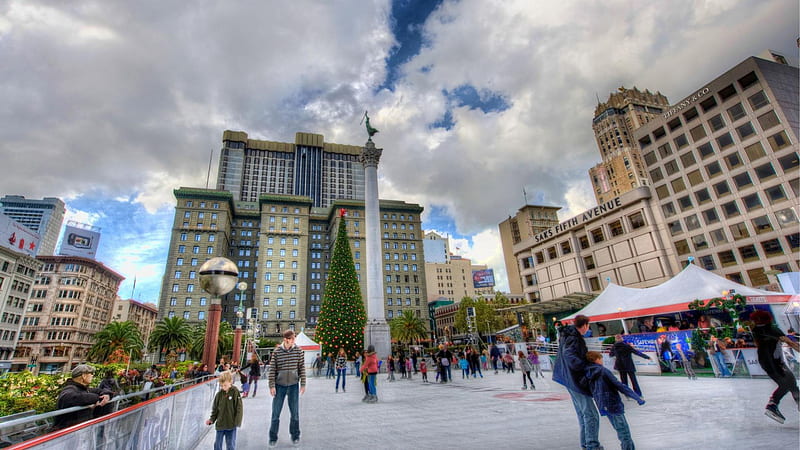 christmas in union square san francisco r, rink, city, christmas, square, ice, r, HD wallpaper