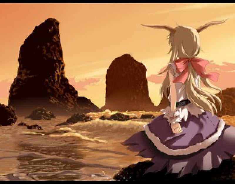 Ibuki Suika, ribbon, manga, blonde hair, horns, sea, water, girl, anime, touhou, solo, cliff, long hair, HD wallpaper