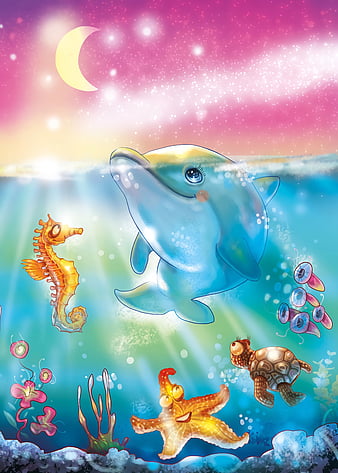 Dolphins, underwater, colorful, art, luminos, fish, sea, cute, dolphin ...