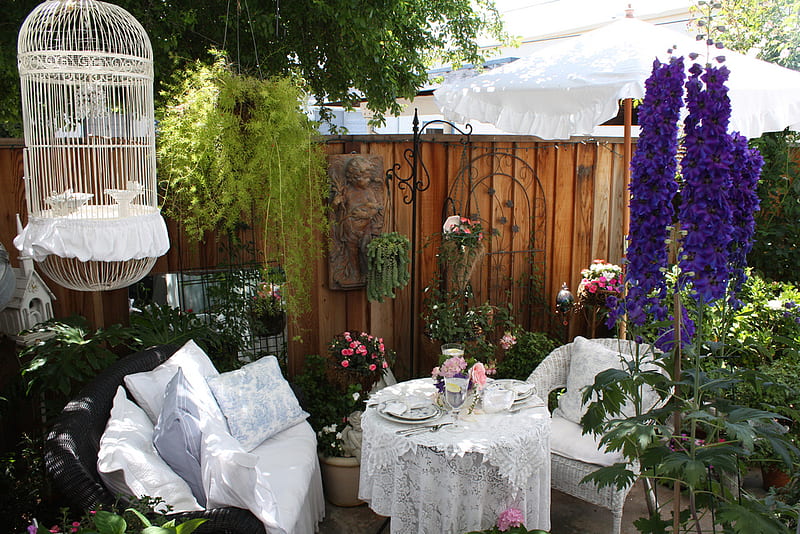 Garden Party for Two, patio, table, party, setting, garden, bonito, tea, HD wallpaper