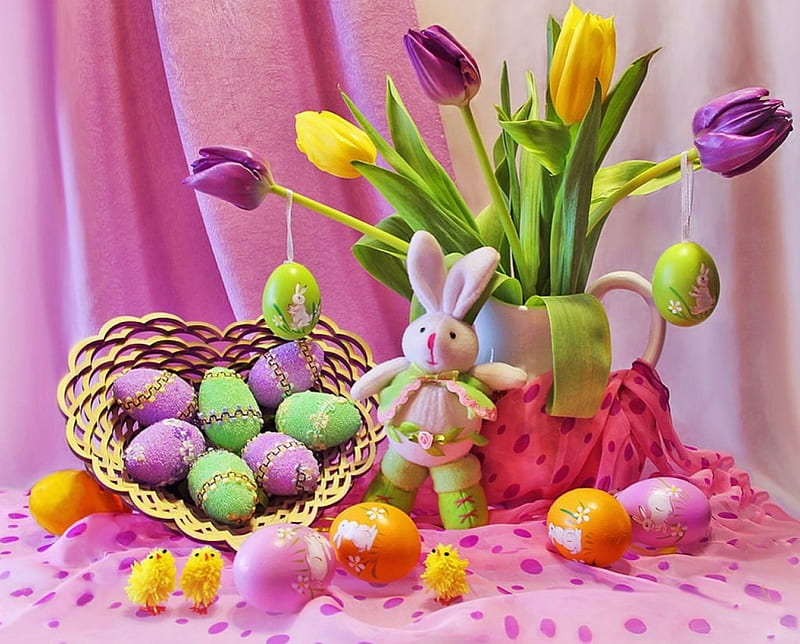 Easter still life, colorful, holidays, background, still life, leaves, colored, flowers, tulips, pink, table, colors, abstract, happy, Easter, purple, basket, multicolored, eggs, Bunny, HD wallpaper