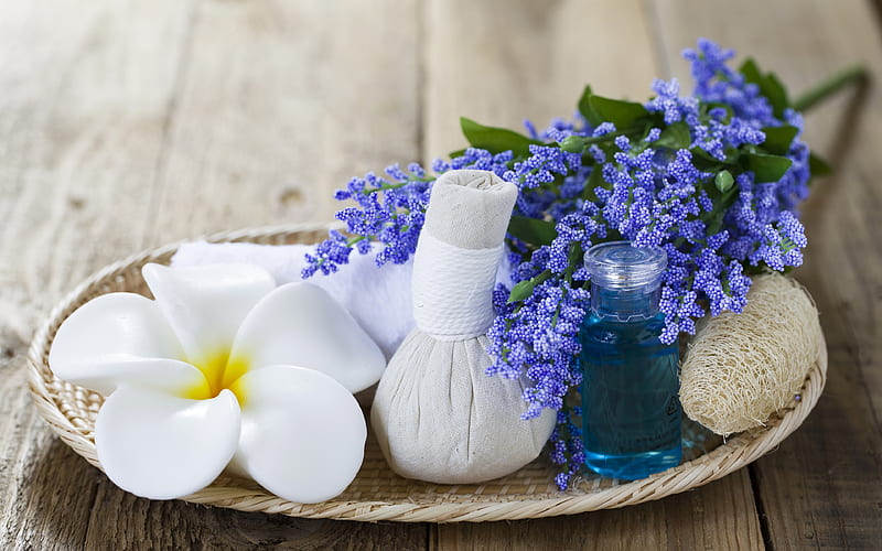 spa accessories spa salons, beauty, blue flowers, fragrant oil, HD wallpaper