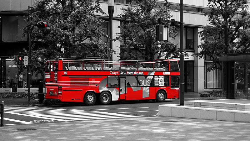 Tokyo red bus, red, graphy, Tokyo, black-white, transport, color, street, bus, HD wallpaper