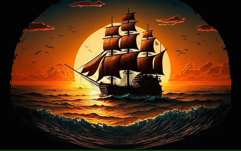 Sunset Sail Of A Spanish Galleon, sailing, ocean, ship, moon, digital, art, HD wallpaper