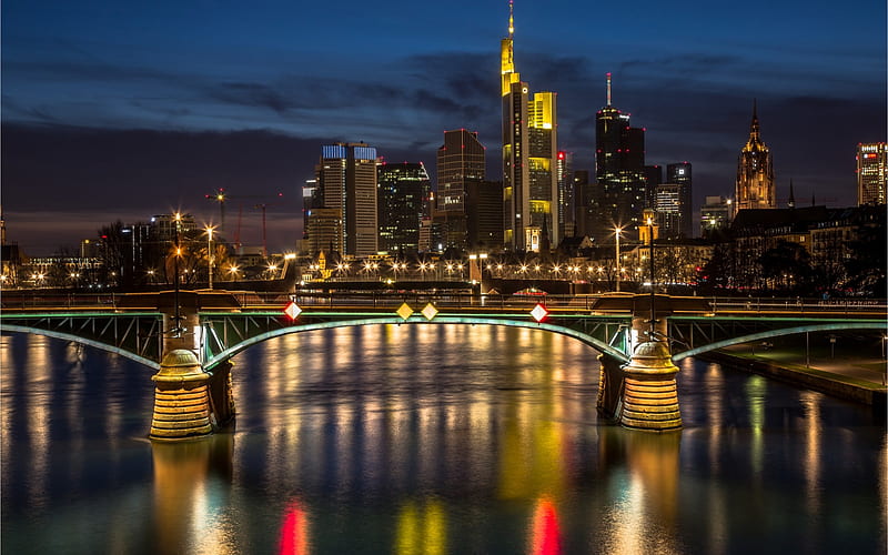 Frankfurt, Steg bridge, evening, cityscape, city panorama, Germany, HD wallpaper