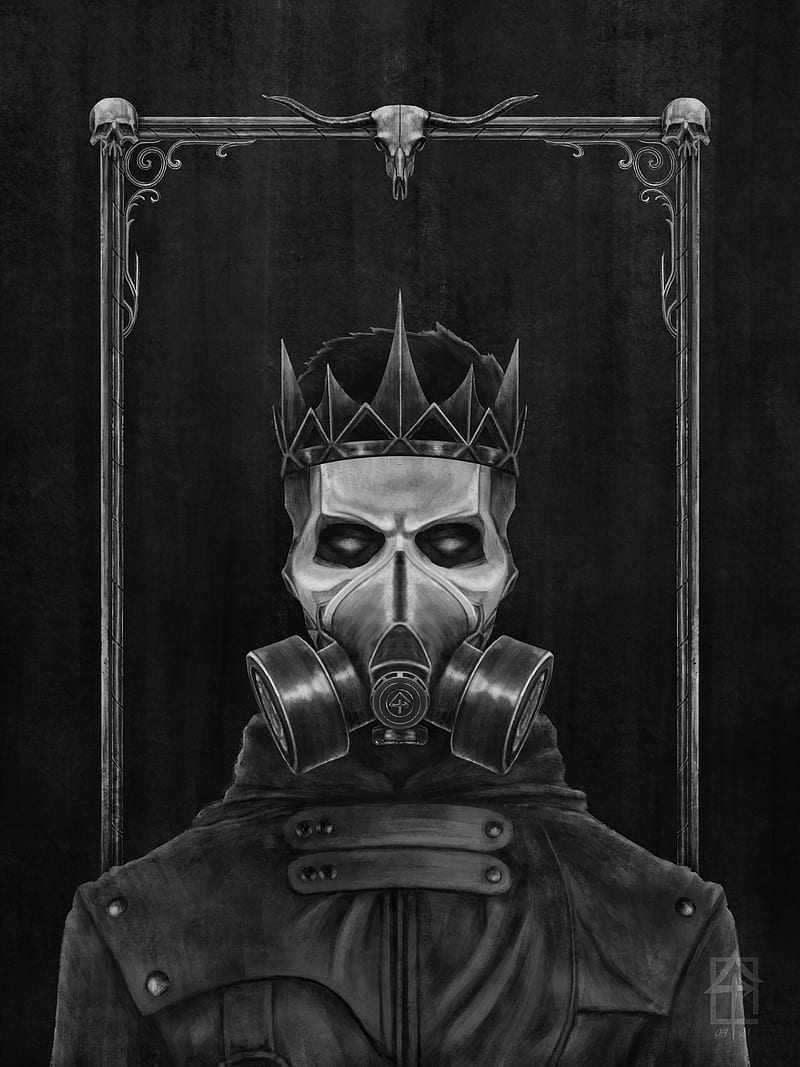 gas mask, crown, skull, king, art, black and white, HD phone wallpaper
