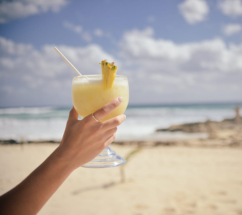 Rather Do 5, alcohol, beach, cocktail, drink, hand, holiday, pineapple, vacation, HD wallpaper