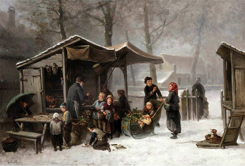 Mari ten Kate (1831-1910) * Buying presents at the toy stall for the feast of St. Nicholas, art, christmas, people, mari ten kate, painting, winter, HD wallpaper