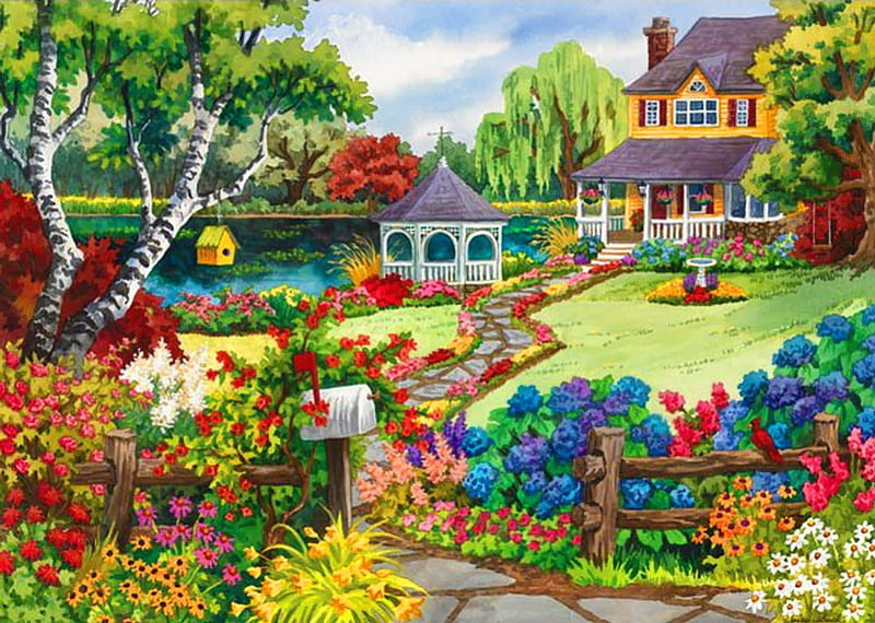 Country retreat, pretty, colorful, house, cottage, retreat, home, bonito, painting, village, flowers, art, rest, fountain, lovely, country, trees, lake, pond, peaceful, garden, gazebo, HD wallpaper