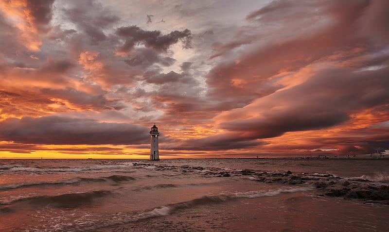 Buildings, Lighthouse, Sea, Shore, Sunset, HD wallpaper