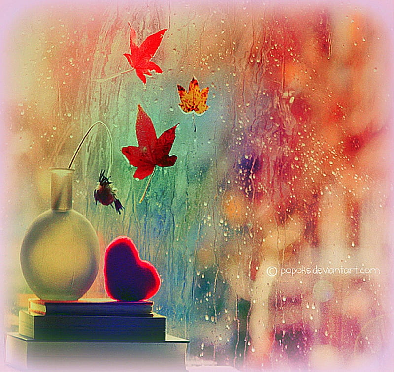 ✫Leaves Fall Tonight✫, fall, autumn, books, bottle, softness beauty, bonito, still life, all hearts, graphy, leaves, lovely, colors, love four seasons, creative pre-made, cute, bird, heart, beloved valentines, HD wallpaper