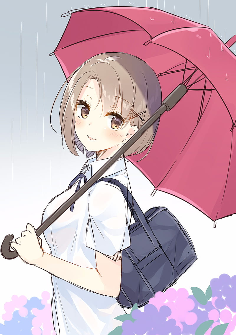 anime, anime girls, umbrella, short hair, rain, brunette, brown eyes, flowers, Bekotarou, HD phone wallpaper