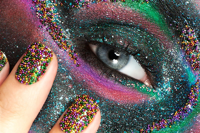 Eye, green, glitter, makeup, nails, pink, blue, HD wallpaper