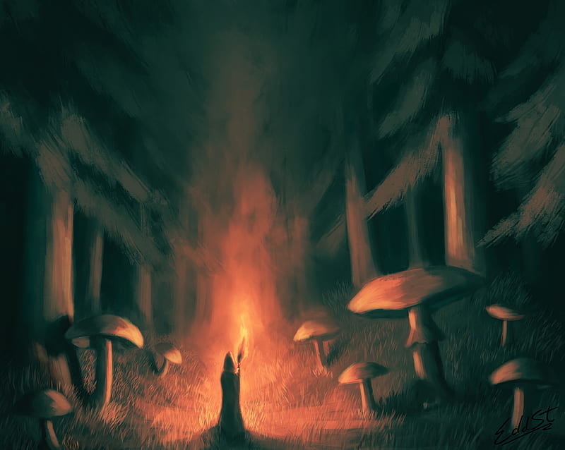 silhouette, torch, fire, mushrooms, forest, art, HD wallpaper