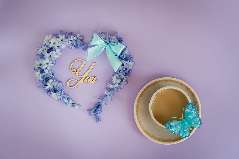 A Cup of Coffee, Blue, Love, You and me, Heart, Flowers, Butterfly, HD wallpaper