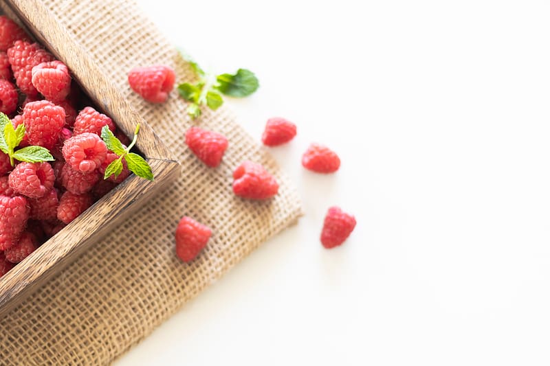 raspberries, berries, leaves, mint, HD wallpaper
