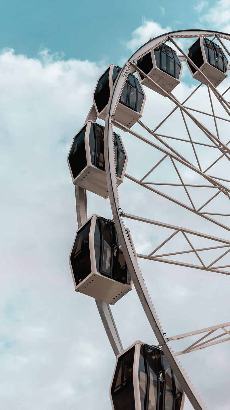 ferris wheel, attraction, booths, sky, metallic, HD phone wallpaper