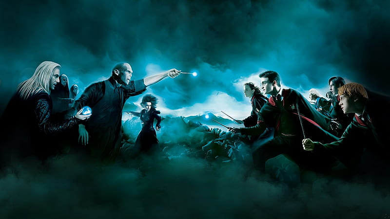 Harry Potter, guerra, ginny weasely, movie, voldemort, wands, epic, hermione granger, ron weasely, bellatrix lestrange, neville longbottom, end, fight, lucius malfoy, HD wallpaper