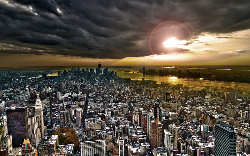 New York, modern, city, architecrure, sunset, panorama, HD wallpaper