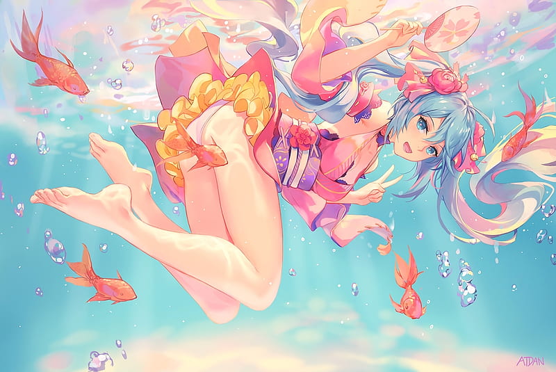 Hatsune Miku, vocaloid, underwater, fish, manga, atdan, girl, anime, summer, pink, blue, HD wallpaper