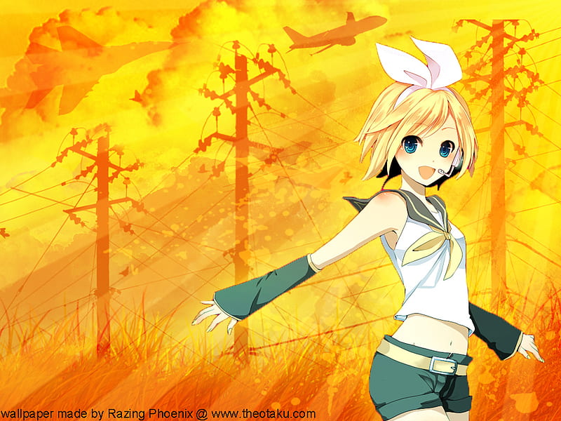 Kagamine Rin, 747, pretty, colorful, 747 boeing, microhpone, bonito, sunset, clouds, su-27, airplanes, anime, su-27 flanker, military, telephone poles, flanker, kagamine, vocaloids, vocaloid, poles, planes, sky, headset, cute, rin, jet, HD wallpaper