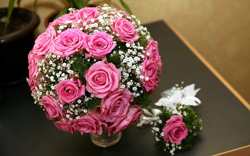 roses, wedding bouquet, pink roses, rose bouquet, pink flowers, HD wallpaper