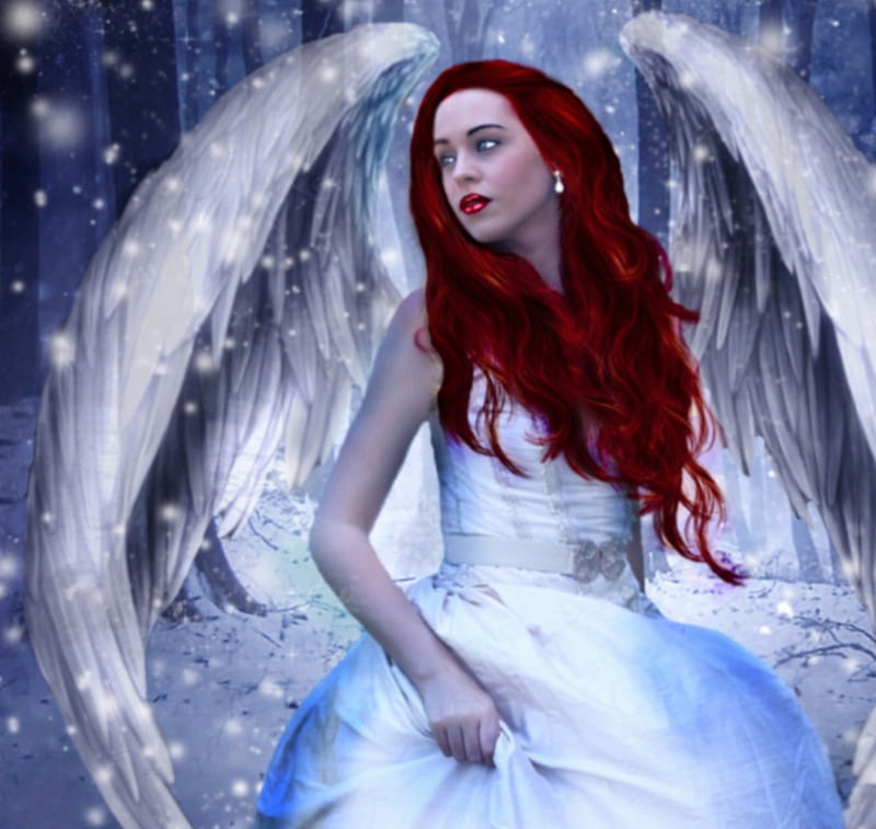 WINTER ANGEL, DRESS, FEMALE, WINTER, WINGS, ANGEL, SNOW, WHITE, HAIR, RED, HD wallpaper