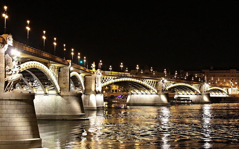 beautiful angled bridge at night, ripples, bridge, river, angle, lights, night, HD wallpaper