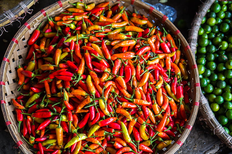 chilli peppers, food, green, market, orange, red, spices, yelow, HD wallpaper
