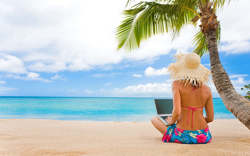 Summer Time, pretty, palm, clouds, beach, she, beauty, lovely, ocean, relax, waves, sky, laptop, trees, paradise, back, palm tree, sands, colorful, bonito, woman, sea, sand, seaside, blue, female, view, colors, hat, tree, girl, peaceful, summer, nature, tropical, HD wallpaper