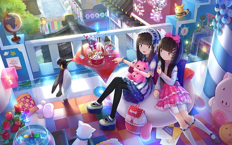 Girls, girl, penguin, anime, manga, pink, blue, HD wallpaper