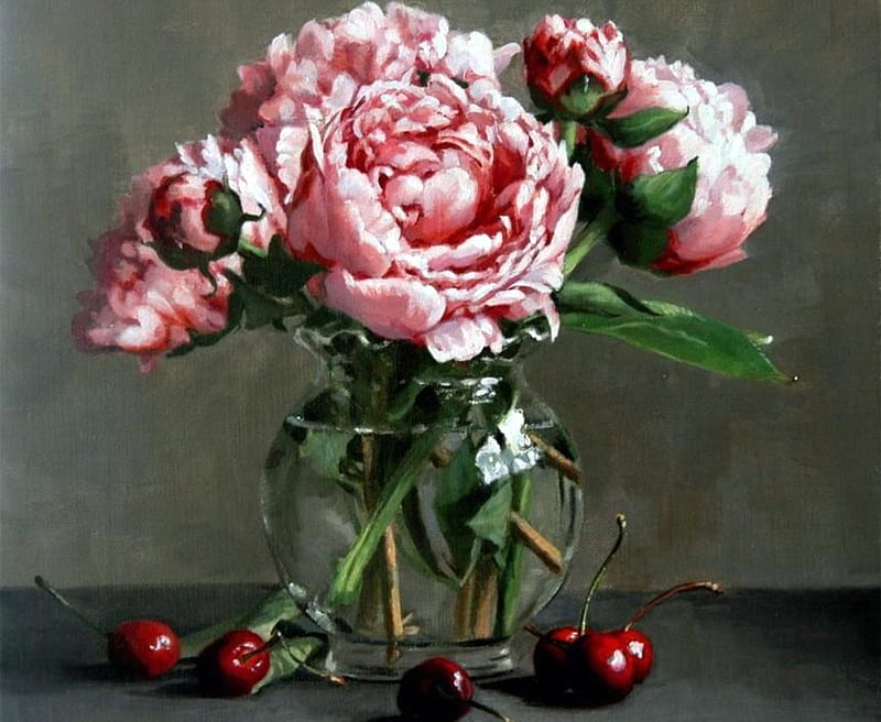 Pinks And Cherries, glass, still life, rose bowl, painting, flowers, cherries, pink peonies, peonies, HD wallpaper