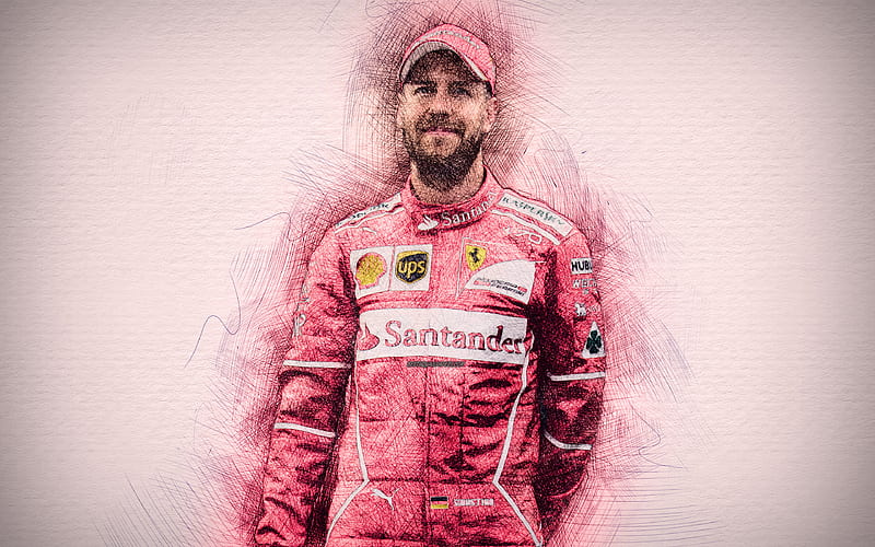 Sebastian Vettel, artwork, F1, Scuderia Ferrari, drawing Vettel, Formula 1, Ferrari, Formula One, HD wallpaper